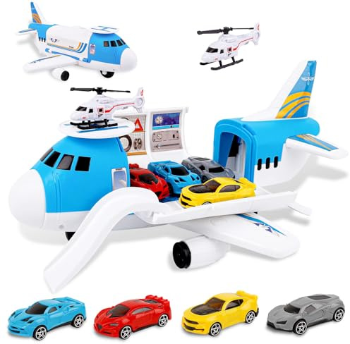 m zimoon Transport Flugzeug Spielzeug für Kinder, Transportflugzeug 4 Autos | mit 1 Hubschrauber und 1 Aufkleber, Lernspielzeug für Jungen und Mädchen, Geschenk zu Geburtstag und Weihnachten ab 3 Jahren