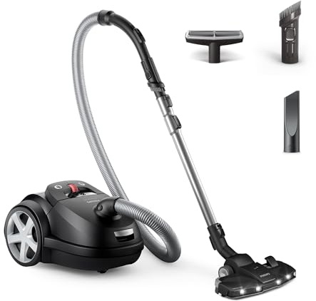 PHILIPS Beutelstaubsauger 8000 Serie, Schwarz, 900 W | 12 m Aktionsradius, TriActive+ LED-Düse, Polsterdüse, Fugendüse, HEPA-Filter, variable Saugleistung (XD8122/10)