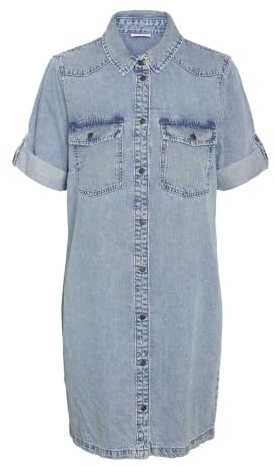 NOISY MAY Damen Kurzarm Kleid Midi Denim Blusenkleid Hemdkragen und Brusttaschen, Farben:Hellblau, Größe:XL
