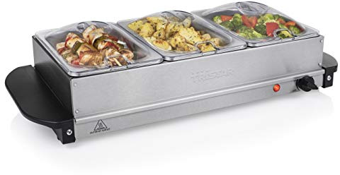 Tristar Edelstahl Buffetwärmer für Partys & Buffets, 4,2 L, Einstellbares Thermostat, 3 Warmhaltebehälter, Heizplattenfunktion, 200 W, Silber, BP-6283