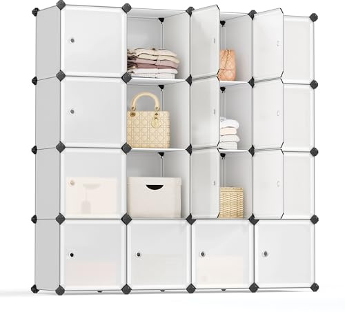 SONGMICS Regalsystem, Schuhregal, Set aus 16 Würfeln, Kleiderschrank aus Kunststoff, mit Türen, Steckregal, Aufbewahrung von Kleidung, Schuhen und Büchern, einfache Montage, weiß LPC44BS