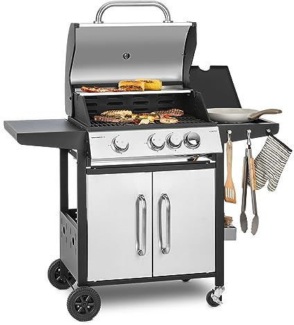 Klarstein Gasgrill mit Großer Grillfläche, 1 Seitenbrenner mit 3 Brenner, 13,5kW Edelstahl, BBQ für Balkon & Garten, Grill für Propan, Gasgrills mit 4 Brennern & Thermometer