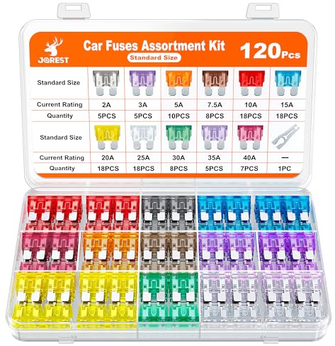 JOREST 120Pcs Kfz Sicherungen, Autosicherungen Set für Pkw Wohnmobil LKW Motorrad (2 Ampere 3A 5A 7.5A 10A 15A 20A 25A 30A 35A 40A) - Standard Flachsicherungen Auto +1 Sicherung Sicherungszieher