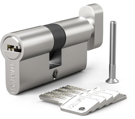 Bwintech 1 Stück 35T/35mm Euro Messingzylinder, 70mm Knauf/Schlüssel zylinderschloss mit 5 horizontalen Messingschlüsseln,Anti Picking,Anti Bohr,Anti Snap,Anti Bumping, Satin Nickel Finish