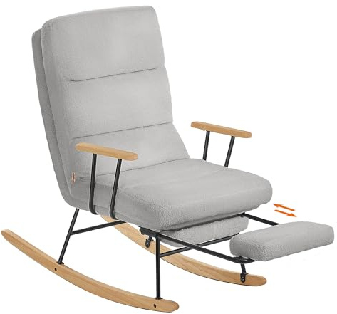 SONGMICS HOME Schaukelstuhl, Füße aus Kautschukholz, Schaukelsessel, Fleece Oberfläche, 4-Fach verstellbare Rückenlehne, bis 160 kg belastbar, für Schlafzimmer, Wohnzimmer, Taubengrau LYY016GD01