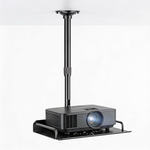 Beamer Deckenhalterung höhenverstellbar 30–60cm mit Kabelmanagement 3kg | Universal Projektor Halterung mit Metallablage 31×22cm für Heimkino, Büro und Schule, geeignet zur Deckenmontage Schwarz
