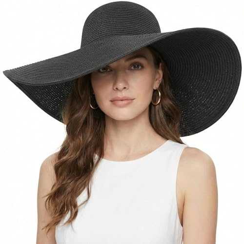 DRESHOW Damen Breit Krempe Strohhut Faltbar Schutz Strandhut Elegant Sommer Hut Sonnenhüte UPF 50+