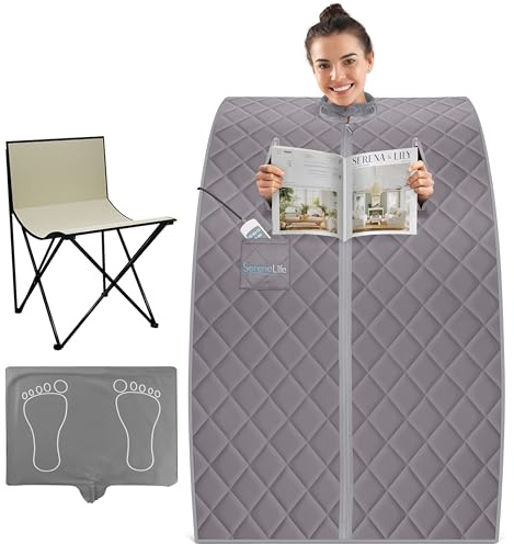SereneLife Dampfsauna Zelt Grau 70 x 80 x 98 cm – Tragbare Heimsauna mit Stuhl und Heizmatte Faltbare Mini Sauna - Mobile Dampfbad Kabine bis 60 °C, Carbon-Heizelement und Fernbedienung