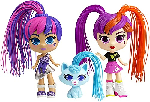 82080 CURLIGIRLS - Puppen - Curligirls Zwillingsset mit Haustier - magische Haare für unendlich viele Frisuren - 2 Puppen und 1 Tier - inklusive Accessoires - Puppe 15 cm - Tier 6 cm