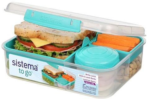 Sistema Bento Box TO GO Brotdose mit Fächern | 1,65 L Lunchbox mit Joghurt- /Fruchtbehälter | Lunchbox Kinder & Erwachsene | Blaugrün