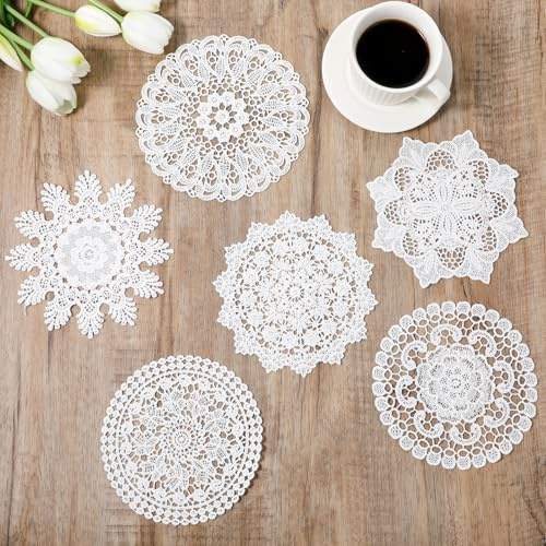 6 Stück Spitzendeckchen, 16 cm Vintage HäKeldeckchen Handgefertigt Runde Spitze Platzdeckchen Rustikale Tischdekoration für Küche, Esszimmer, Kommoden, Hochzeit, Party Dekoration (Weiß)