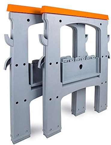 Amazon Basics Sägebock, tragbar, faltbar, rechteckig, 408 kg Kapazität, mit Aufbewahrungshaken, einfach zu bedienen, Grau, Orange, 2er-Pack