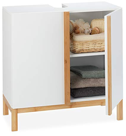 Relaxdays Waschbeckenunterschrank, 2 Fächer, Badschrank MDF & Bambus, Waschbeckenschrank HBT 60,5x60x30,5cm, Weiß/Natur
