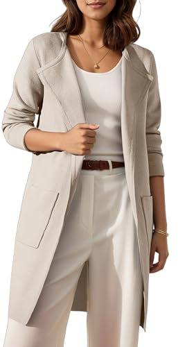 Timuspo Damen Cardigan Lang Elegant Strickjacke Beige Langärmliger Pullover Strickjacken Vorne Offen Wintermantel S