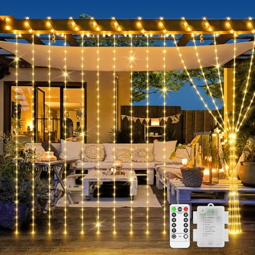 LYNNON Lichtervorhang Batterie 2×2m 200 LED Lichterketten Vorhang mit Fernbedienung Wasserdicht Lichtervorhang Innen Außen Deko für Zimmer Kinderzimmer Hochzeit Party Weihnachten Fenster Wand Balkon