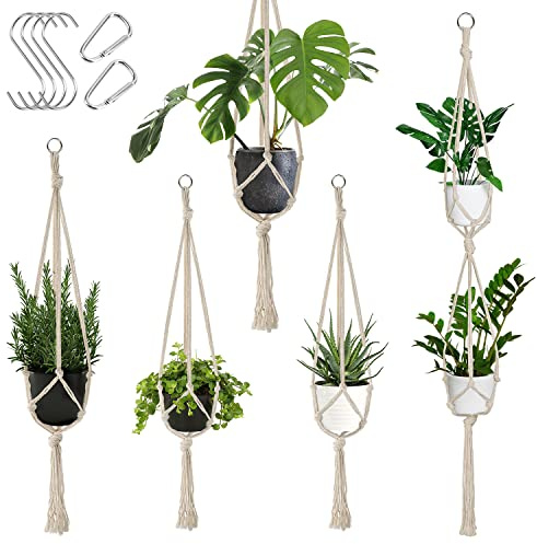 Auckpure Makramee-Hängekorb, Set mit 5 Hängekörben, Baumwollseil-Hängekorb, Beige, Hängetopf für Pflanzen, drinnen, draußen, Garten, Balkon, Fenster, Wohnzimmer, 3 Größen