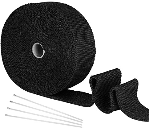 Yizhet Hitzeschutzband Auspuff Basaltfaser, 5m, Schwarz | Auspuffband, Mit 4 Edelstahl-Kabelbindern, Für Auspuffanlagen & Krümmer, Motorrad