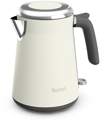 Tefal Collection Edelstahlwasserkocher im Retrostil, 1,7 l Fassungsvermögen, 2400 W, Einhändiges Öffnen, Ein-Tassen-Anzeige, Automatische Abschaltung mit Kontrolleuchte, Cremebeige, KI666AE0