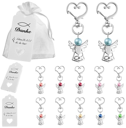 12 Stück Engel Schlüsselanhänger, Schutzengel Schlüsselanhänger, Geschenk Mit Organza Beutel Kraftpapier Anhänger für Hochzeit, Taufe, Weihnachten, Geburtstag, Abschied