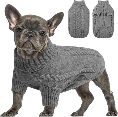 Queenmore Hundepullover Kleine Hunde Wärme Dackel Hundepulli Strick Pullover Hund Strickmantel Mit Zopfmuster Hundepullover Französische Bulldogge Bulldog Chihuahua Katzen Corgi, Dunkelgrau, Xs