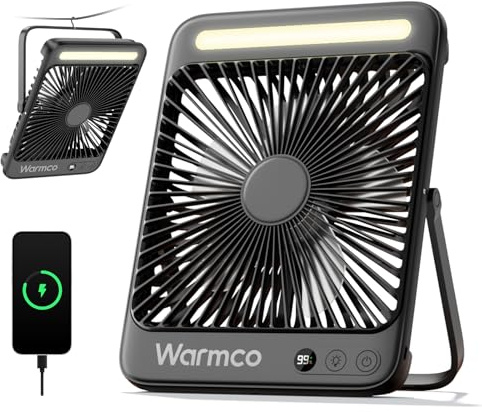 Warmco 20000mAh Akku Camping Ventilator Leise 27cm mit Lampe, 15-48 Std. Laufzeit, Ultraflach, Display, Haken, USB Tischventilator für Zelt, Outdoor, Reisen, Büro, Wohnmobil, Schlafzimmer
