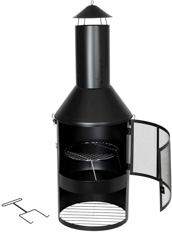 Gartenkamin 134 cm Feuerstelle Terrassenkamin Grill Holzkohle Feuerkorb | BURI Holzlager pulverbeschichtet mit Grillrost und Gabel für Terrassenofen, Gartenfeuer und praktische Outdoor-Nutzung
