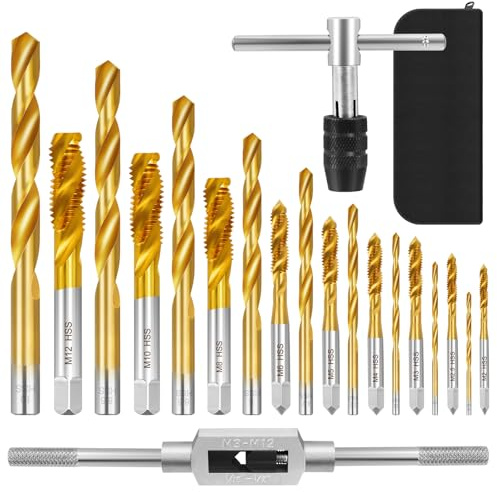 21 Stück Metrischer Bohrer- und Gewindebohrer-Set, Gewindeschneider Set mit 9 Gewindebohrer M2-M12, 9 Spiralbohrer 1,5-10mm, 2 Schlüssel und 1 Ledertasche, Screw Tap Set für Holz, Kunststoff, Metall