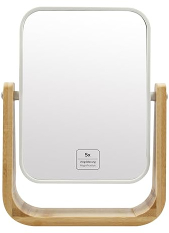 PARSA BEAUTY Bambusspiegel mit 5-Fach Vergrößerung – drehbarer 360-Grad Kosmetikspiegel mit Standfuß – ideal für präzises Make-up, Schminken & Rasieren – modernes Design – 22 x 16 x 4 cm
