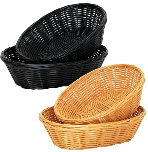 Xiqiggi 4 Stück Brotkorb Geflochten, Weidenkörbchen, Brötchenkorb Bread Basket Aufbewahrungskorb Frühstückskorb, Brot Korb, Weidenkorb Ronde zum Servieren von Gebäck, Braun und Schwarz