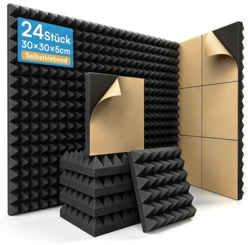 AUSLET 24 Stück Pyramidenschaumstoff, Selbstklebend, 30 x 30 x 5 cm | Selbstklebend, 5 cm stark, 30 kg/m³ Dichte, Flammhemmender Schaumstoff, Echo- & Nachhallkontrolle