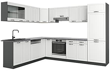 Vicco Eckküche R-Line, Weiß Landhaus/Anthrazit, 287 x 46 cm ohne Arbeitsplatte, zur individuellen Erweiterung mit kompatiblen Zusatzmodulen