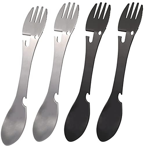CHENYU 4 Stück Göffel Stainless Steel 2 In 1 Multifunktions göffel titan | Outdoor Besteck Spork can Opener Outdoor Gadget Wander Equipment Göffel Titan Camping Nützliche Reise Gadgets