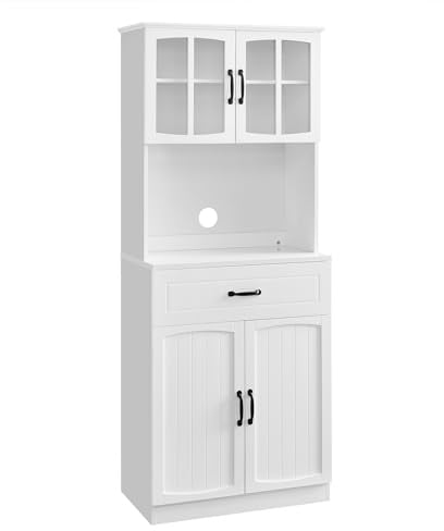 VASAGLE Küchenschrank, Mehrzweckschrank, Vorratsschrank, mit verstellbaren Einlegeböden, für Mikrowellen geeignet, Schublade, Glastüren, Kabelloch, moderner Stil, weiß LSC361W21