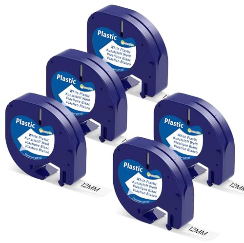 Markurlife 5x 91221 Kompatibel mit Dymo letratag Etikettenband Plastik Weiß | 5er Pack,Schwarz auf weißem,A91221,Kompatibel mit dymo LetraTag 12mm x 4m Plastic LT-100H,200B,XR,LT-110T,QX50,2000