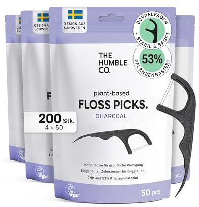 Zahnseide Stick pflanzlich und nachhaltig von The Humble Co. - 200 Stück (4×50) Zahnseide Sticks mit Minze und Aktivkohle Doppel-Faden zur Zahnreinigung Zwischenräume, von Zahnärzten empfohlen