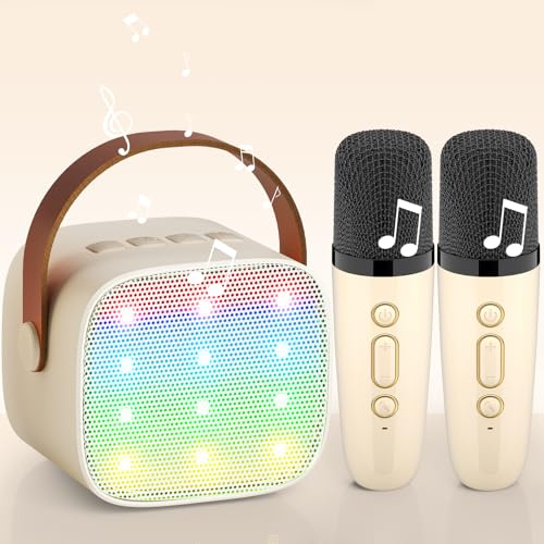 Karaoke Maschine mit 2 Drahtlosen Mikrofonen, Wowstar Tragbares Bluetooth Karaoke Maschine Musikinstrumente Equipment für Kinder Erwachsene Jungen Mädchen Geschenke Heimparty (Beige)