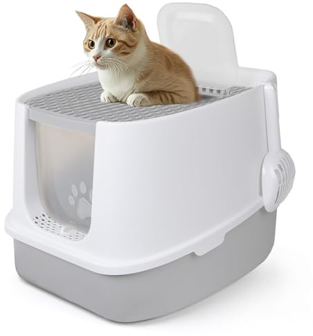 CALIYO Katzenklo mit Deckel - Anti-Geruch Katzenklo Geschlossen mit Hoher Rand, Katzentoilette mit Sieb & Matte für Große Katzen bis 7.5kg, Cat Litter Box (Grau-Weiß, 51×45×40 cm)