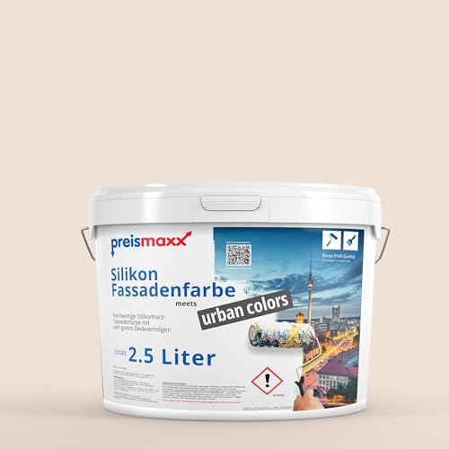 Preismaxx Silikonharz Fassadenfarbe Beige Farbe außen Perlbeige 2,5l | Für Putz Beton, Abperleffekt, wasserabweisend, UV-beständig, hohe Deckkraft, rissfüllend, diffusionsoffen, Made in Germany