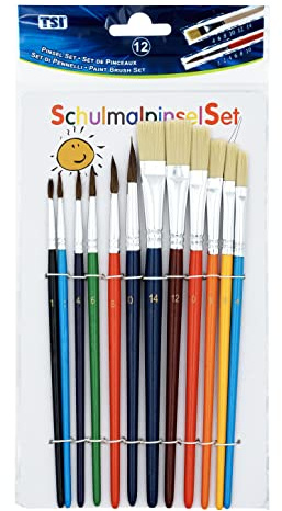 TSI Schulmalpinsel-Set 12tlg, Haarpinsel (Größe 1,2,4,6,8 und 10) - Borstenpinsel (Größe 4,6,8,10,12 und 14), Schaft farbig lackiert, Art. Nr. 49111