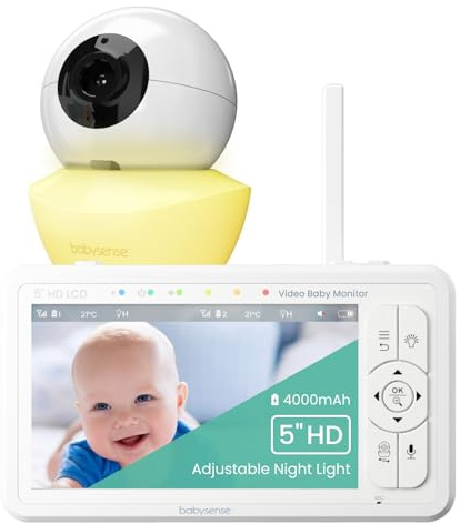 Babysense HDS2 Babyphone mit Kamera, 5 Zoll 720P HD, Ohne WLAN, Nachtlicht, Wiegenlieder, 300m Reichweite, Zwei-Wege-Audio, ECO Modus, 4X Zoom, 4000mAh Akku