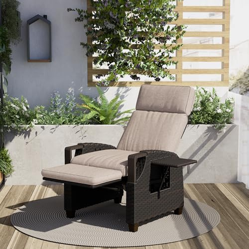 Grand patio Relaxliege Liegesessel mit Sitzkissen Armlehnensessel Verstellbare Rückenlehne Rattan Sonnenliege für Innen, Außeneinsatz, Khaki Sitzkissen & Dunkelbraun