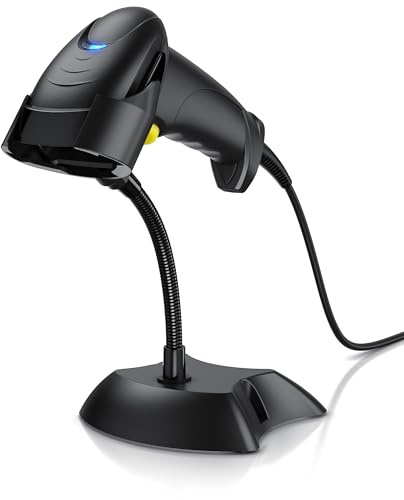 CSL - Barcode Scanner 1D 2D QR kabelgebunden – Single und Multi Scan - Bildschirm scannen - QR-Code + PDF 417 + Datamatrix + UPC + EAN + GTIN + ISBN – inklusive Halterung