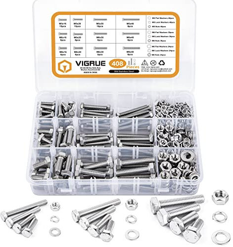 VIGRUE 408 Stück M5 M6 M8 Sechskantschrauben Edelstahl A2 Schrauben Set mit Muttern Unterlegscheiben DIN933 Bolzen Vollgewindeschrauben Maschinenschrauben Gewindeschrauben zur Reparatur