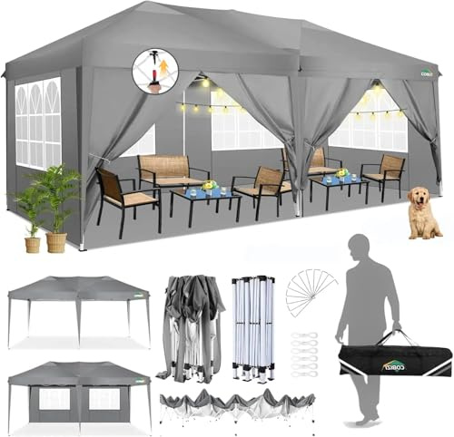 COBIZI Faltpavillon 3x6m Pop Up Pavillon Wasserdicht Partyzelt, Grau | Höhenverstellbar, Stabil, mit Seitenwänden, UV 50+, Stahlrahmen, einfacher Aufbau Gartenpavillon für Freien, Garten, Party