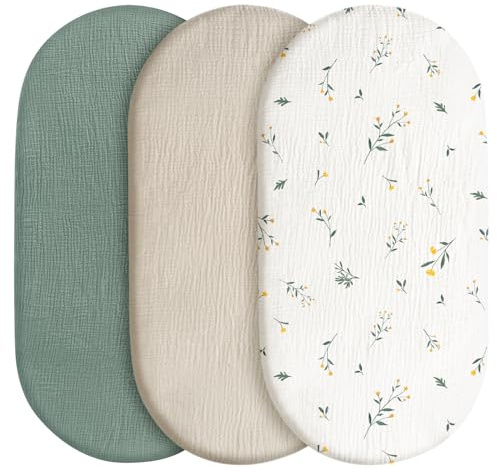 3er Pack Spannbettlaken Kinderwagen 83x43 aus 100% Musselin Baumwolle | Weicher Matratzenbezug für Beistellbett & Moseskorb, 360°Gummizug gegen Verrutschen(Florid)