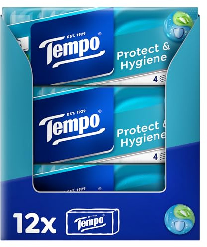 Tempo protect Taschentücher - Megapack - 12 Packungen mit je 20 Päckchen x 9 Tüchern - Papiertaschentücher mit antibakteriellem Wirkstoff, waschmaschinenfest