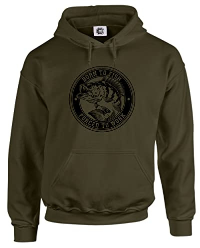 Dead Set Studio Angelgeschenke für Männer: Born to Fish Lustiger Kapuzenpullover mit Angelgeschenken, Angelbekleidung, OLIVGRÜN, GRÖSSE L