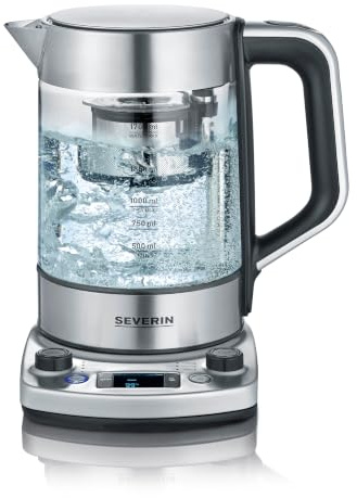 SEVERIN Tea Maker mit Auto-Liftfunktion, Wasserkocher mit Temperatureinstellung und Quick-Boil-Funktion, Glas Wasserkocher für bis zu 1,7 l Wasser oder 1 l Tee, Edelstahl gebürstet/schwarz, WK 3422