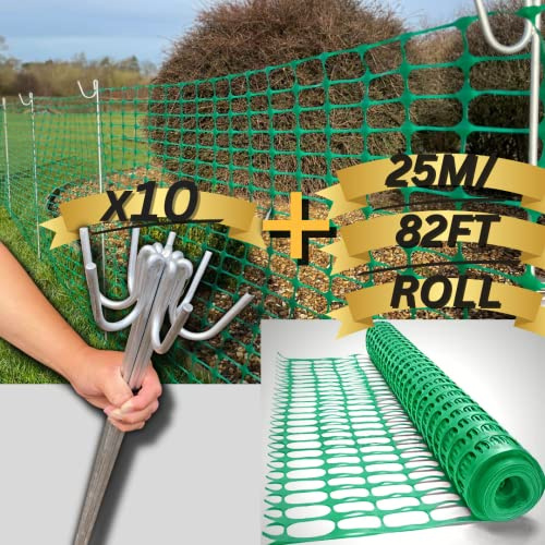 Smith&Barker Verzinkt 10xhochwertige langlebige Zaunstifte mit 25 m temporärer Barriere-Zaun,130g/m²,für den Außenbereich, Garten, Kunststoffnetz, Hirten, Zaunpfähle, Pfosten, Metall, Grün, SBFM-10P