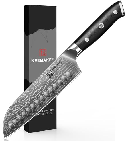 KEEMAKE 18cm Damastmesser Santoku – Japanisches Kochmesser aus 67-Lagen Damaststahl, extrem scharfes Küchenmesser für Profis & Hobbyköche, ergonomischer G10 Griff, Vatertagsgeschenk für Papa